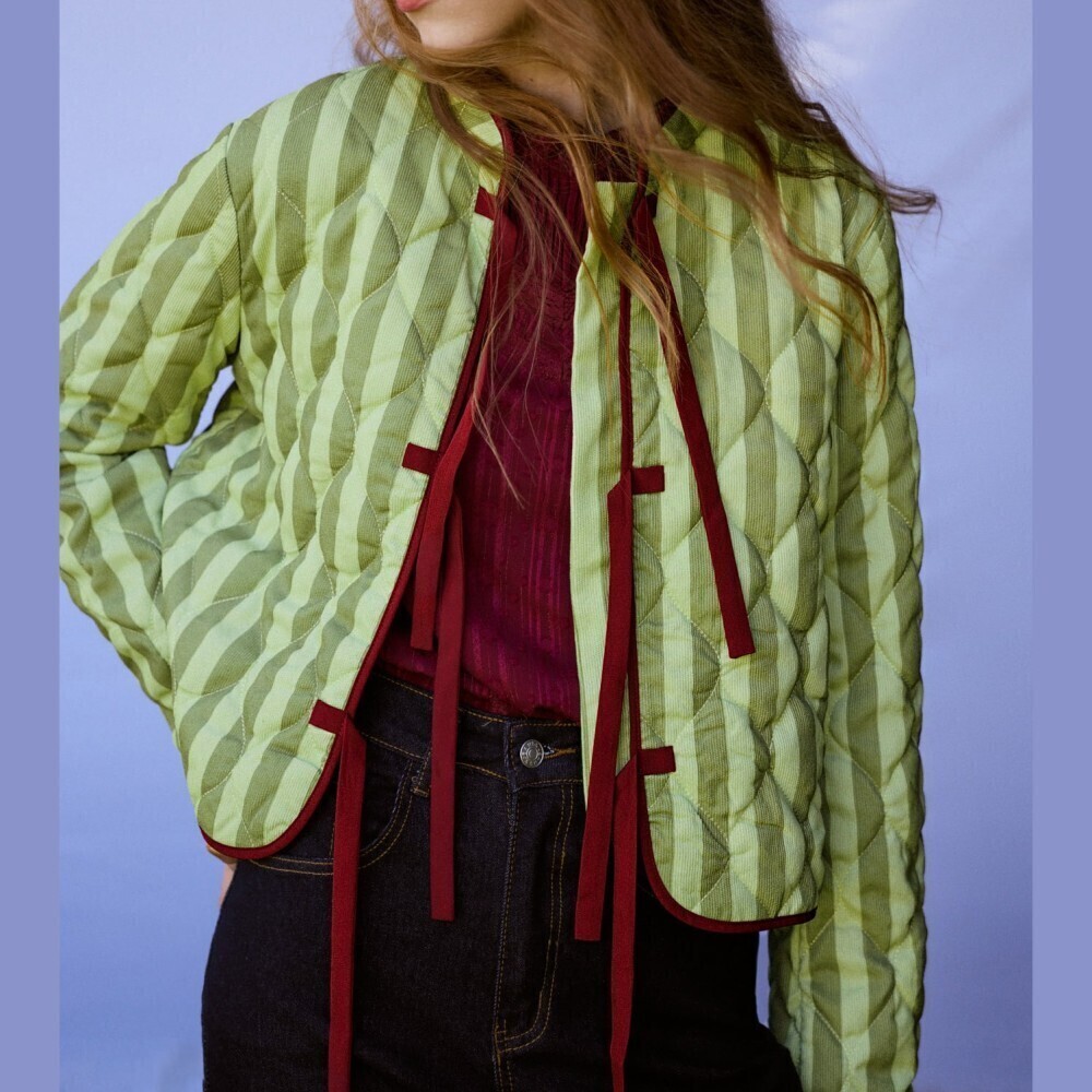 Green Striped Quilted Lightweight Jacket w/ Burgundy Bow Ties & Contrast Trim